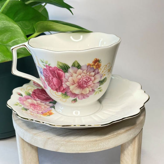 Meritage White Scalloped Edge Teacup with Pink Rose Custom Teacup Candle | 6 oz.
