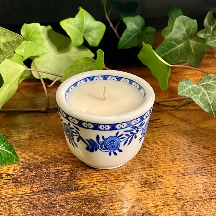 Candle in a blue and white ceramic teacup on a wooden surface with green leaves in the background