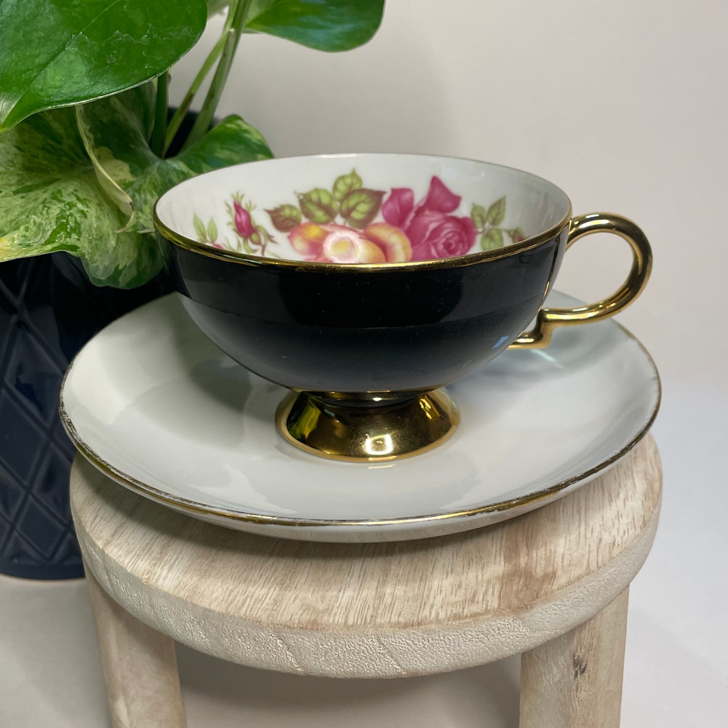 Rudolph Wachter Black With Cabbage Rose Custom Teacup Candle | 4 oz.