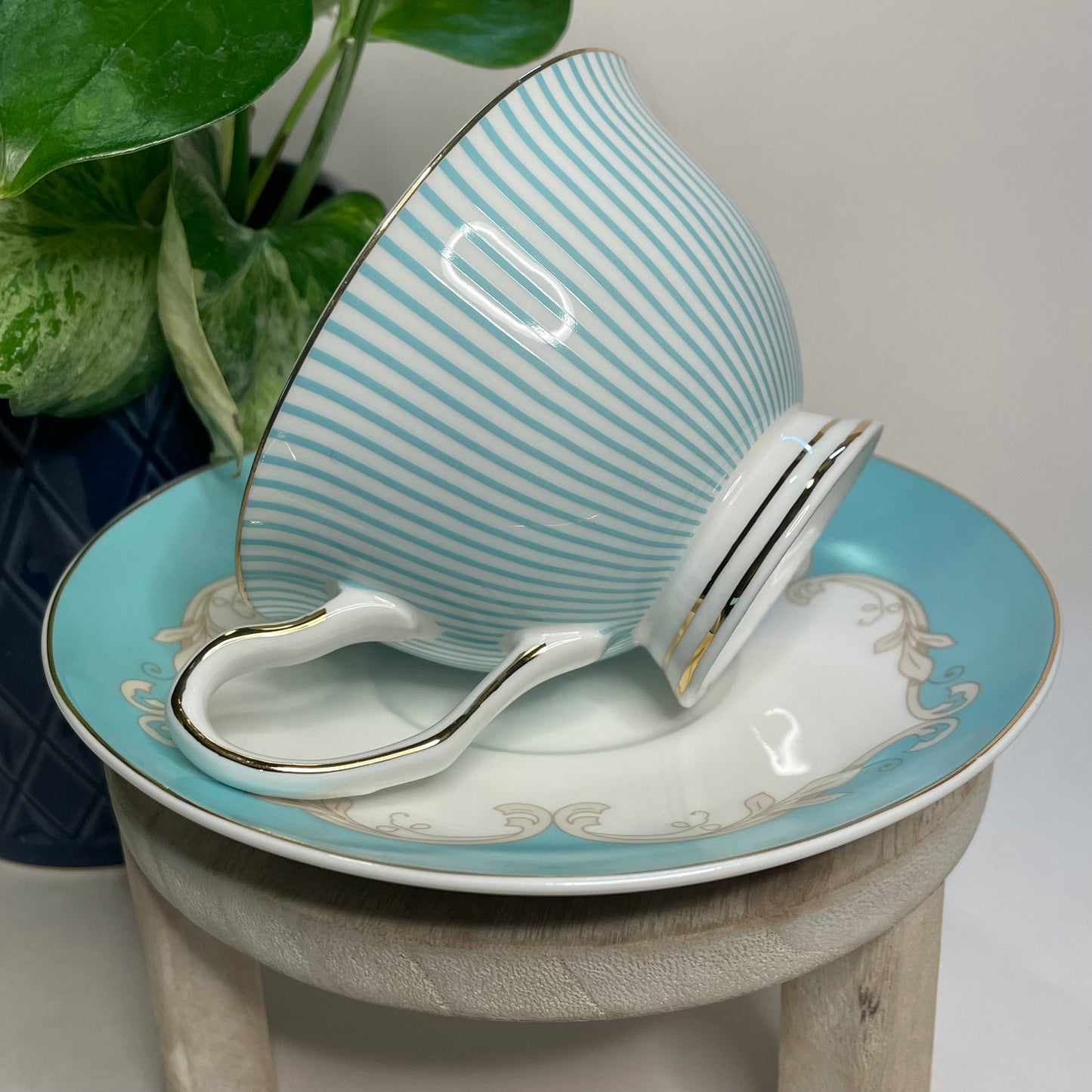 Blue Striped Porcelain Custom Teacup Candle | 5 oz.