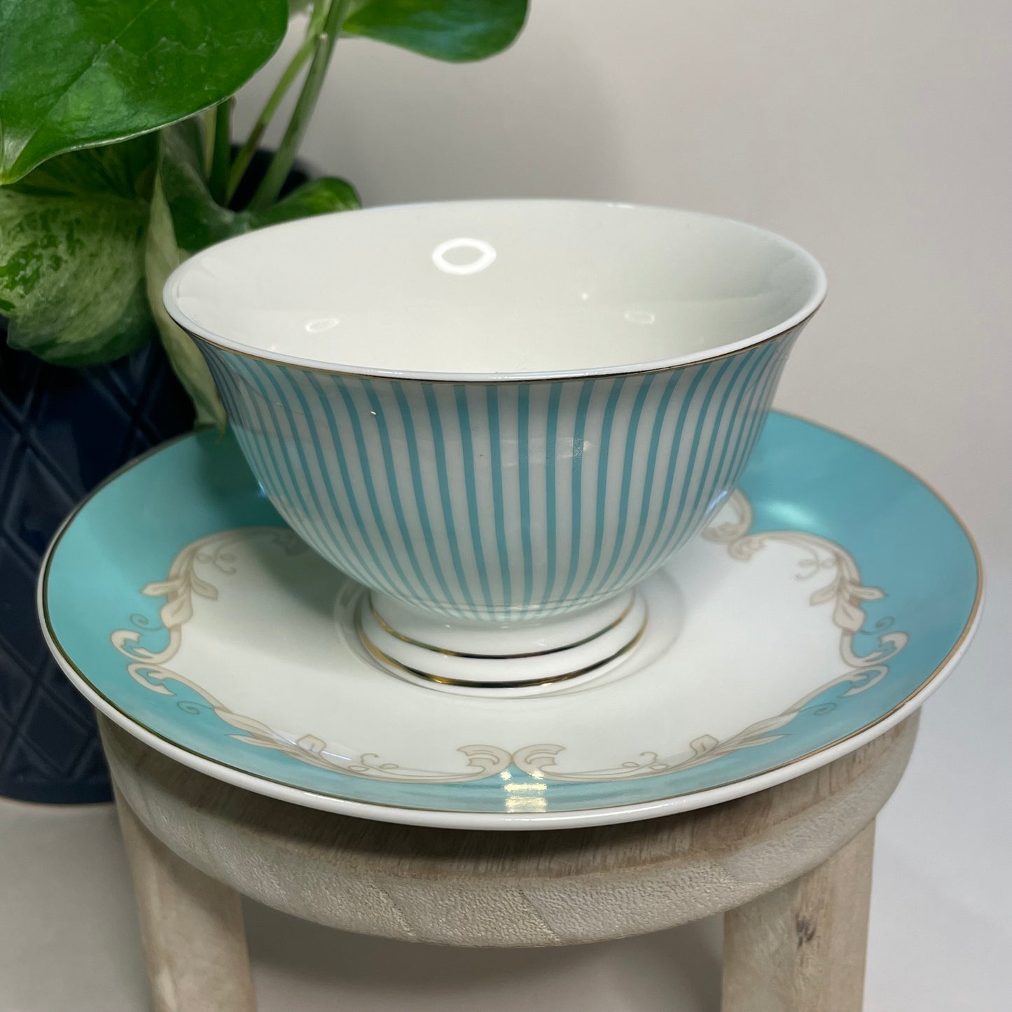 Blue Striped Porcelain Custom Teacup Candle | 5 oz.