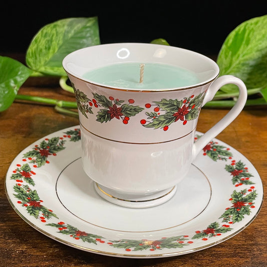 Truly Tasteful Christmas Poinsettia Teacup Candle | Evergreen & Apple