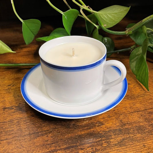 Crate & Barrel Blue Rim Teacup Candle | Sea Mist