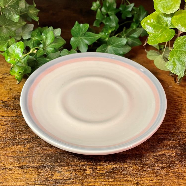 Ceramic plate with a pink rim on a wooden surface with green leaves