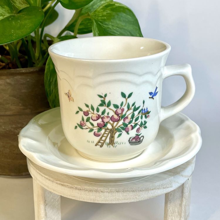 Ceramic cup with decorative design on a white saucer, next to a potted plant.