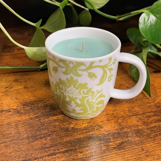Green Filigree Coffee Mug Candle | Highland Thistle