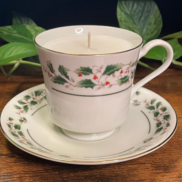 Christmas Holly Pedestal  Teacup Candle | Various Fragrances