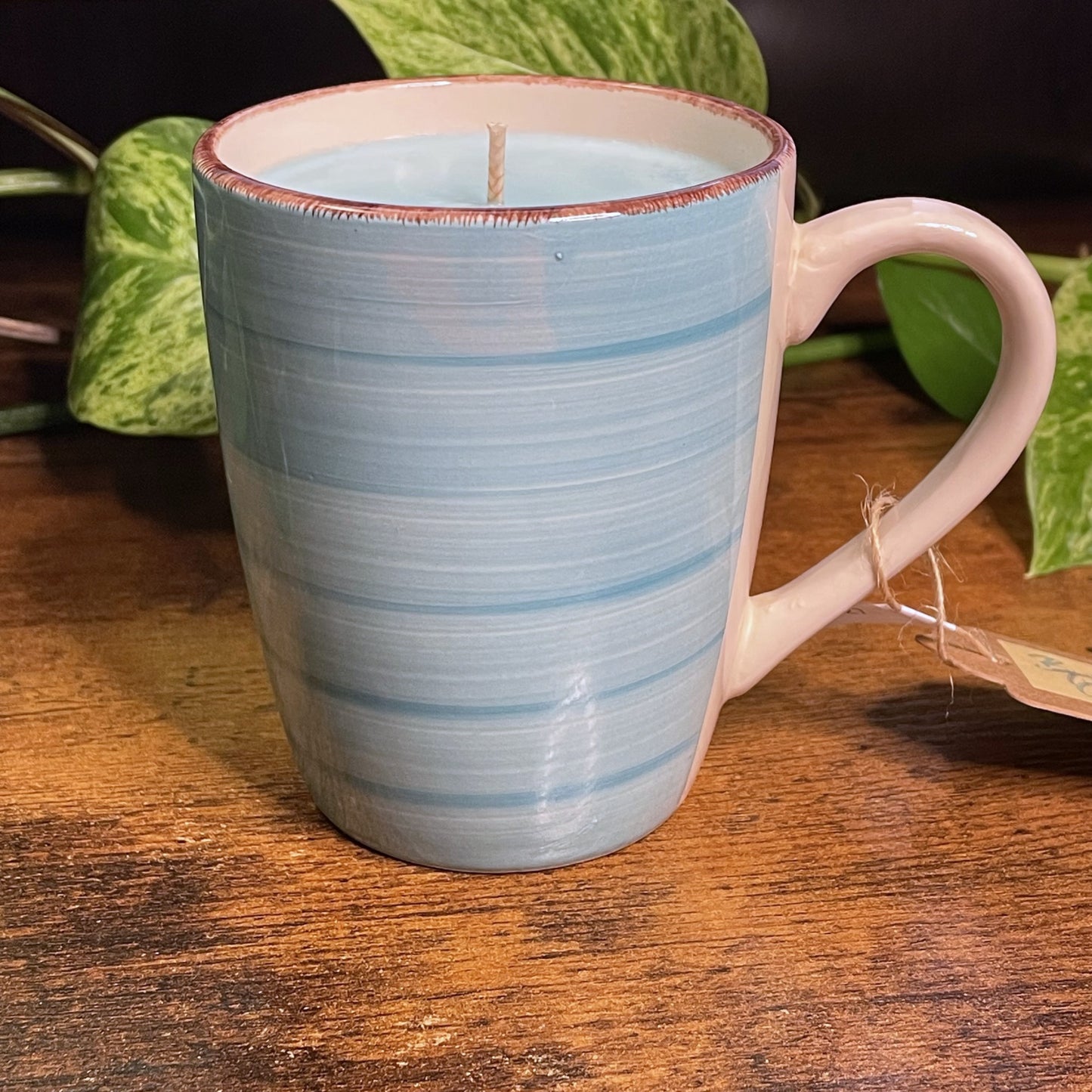 Aqua Blue Striped Coffee Mug Candle | Gingham