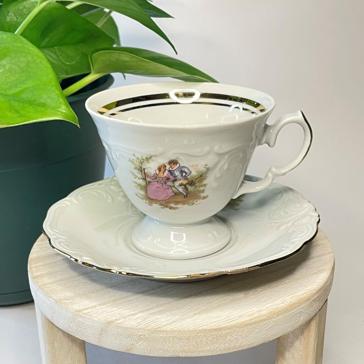 Footed Courting Couple Teacup with Gold Accents Custom Candle | 4 oz.