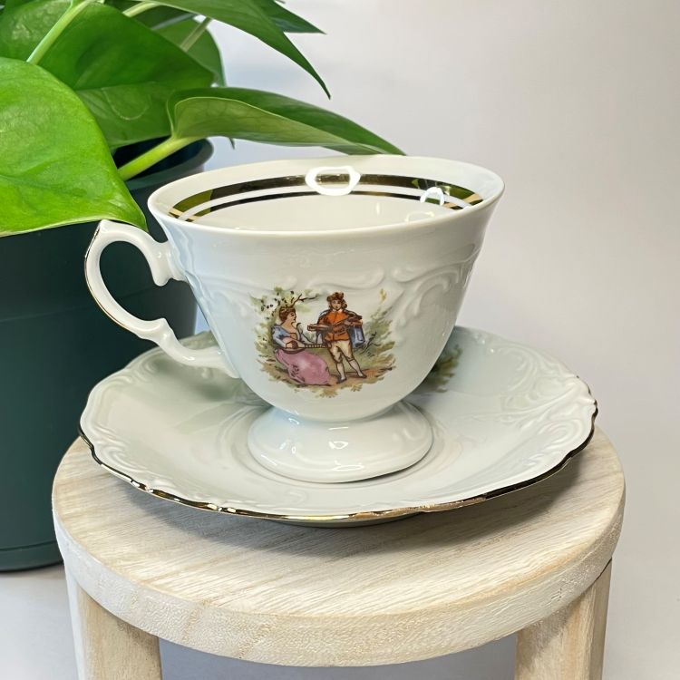 Footed Courting Couple Teacup with Gold Accents Custom Candle | 4 oz.