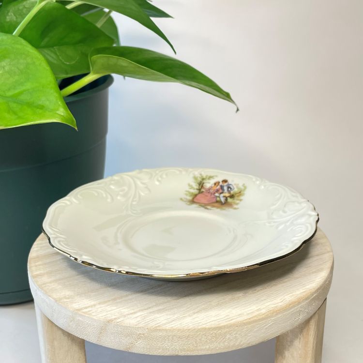 Footed Courting Couple Teacup with Gold Accents Custom Candle | 4 oz.