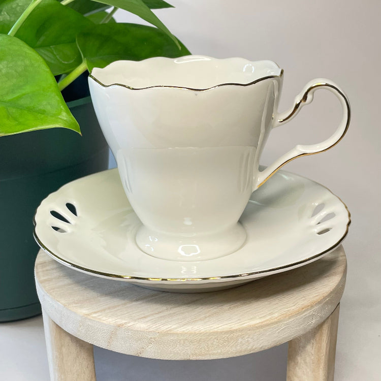 White Scalloped Teacup on Cutout Saucer | 6 oz.
