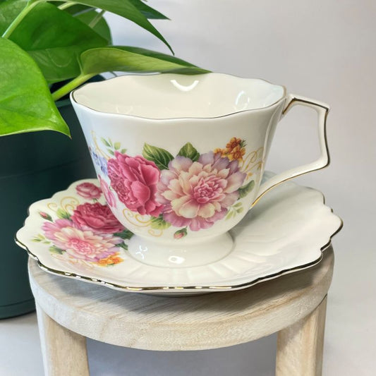 Meritage White Scalloped Edge Teacup with Pink Rose Custom Teacup Candle | 6 oz.