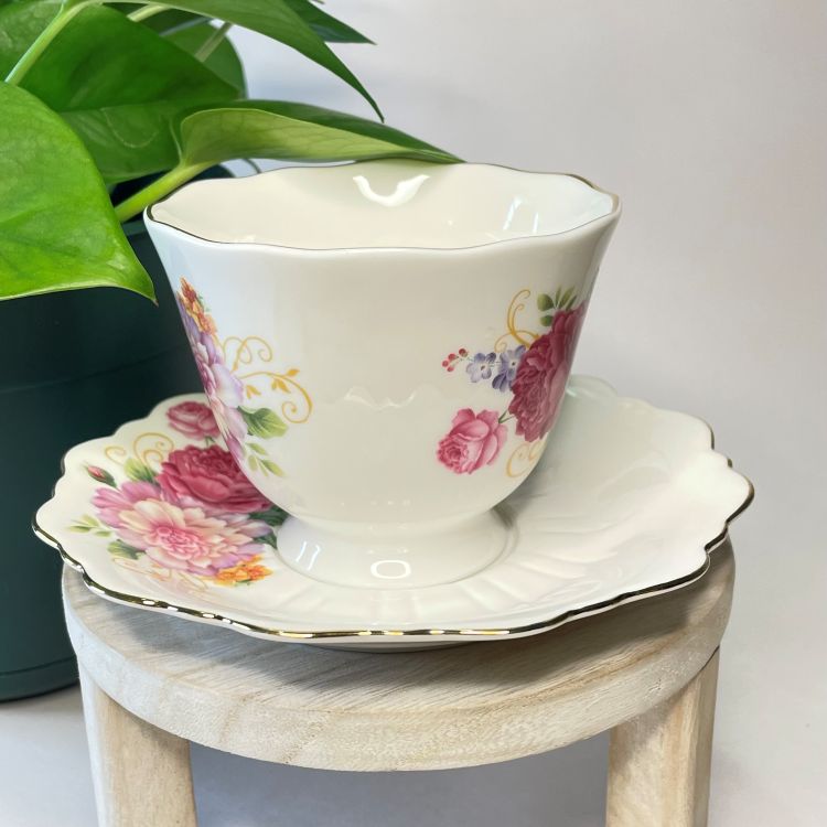 Meritage White Scalloped Edge Teacup with Pink Rose Custom Teacup Candle | 6 oz.
