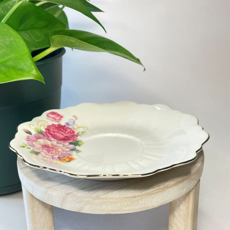 Meritage White Scalloped Edge Teacup with Pink Rose Custom Teacup Candle | 6 oz.