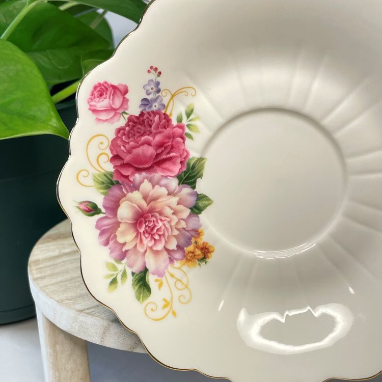 Meritage White Scalloped Edge Teacup with Pink Rose Custom Teacup Candle | 6 oz.